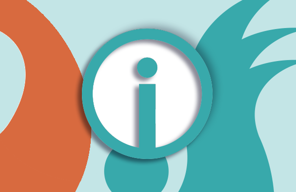 A colorful teal and orange graphic with an icon in the middle of a circle with the letter i inside