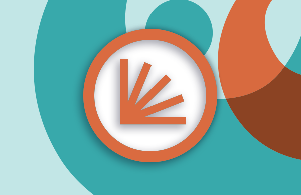 A colorful teal and orange graphic with an icon in the middle of a circle with lines that resemble a book that is half open with flipping pages