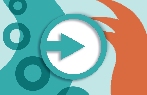 A colorful teal and orange graphic with an icon in the middle of a circle with an arrow inside that points to the right