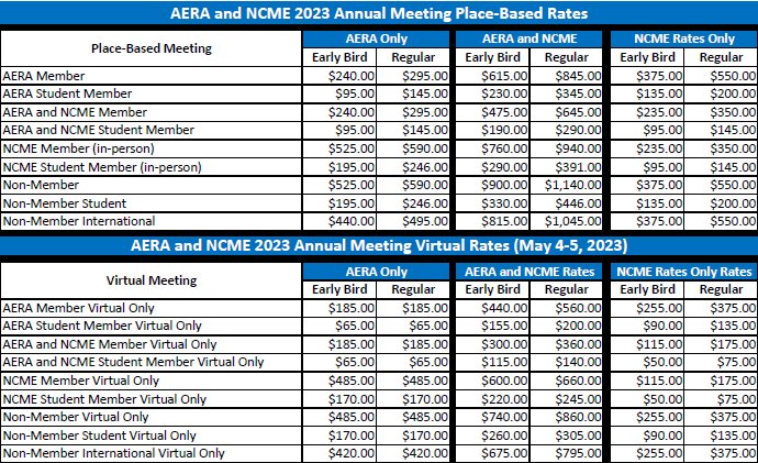 Screenshot image of the 2023 AERA Annual Meeting Rates