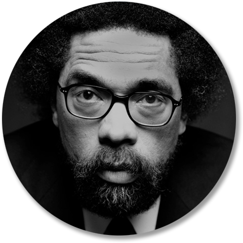 zoomed in black and white image of Cornel West looking into camera. He is wearing a suit and glasses