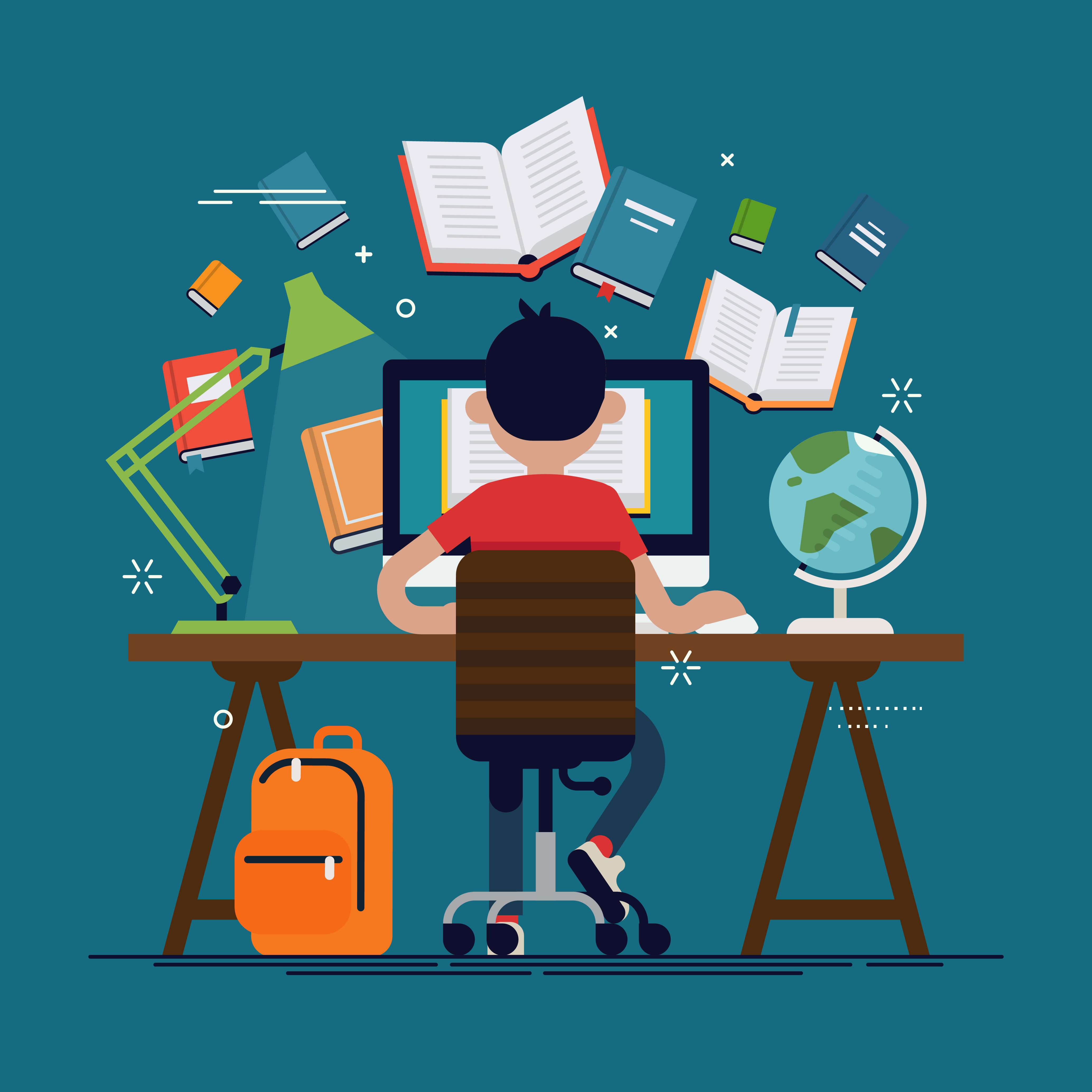 Vector graphic of student working on a laptop with books and backpack